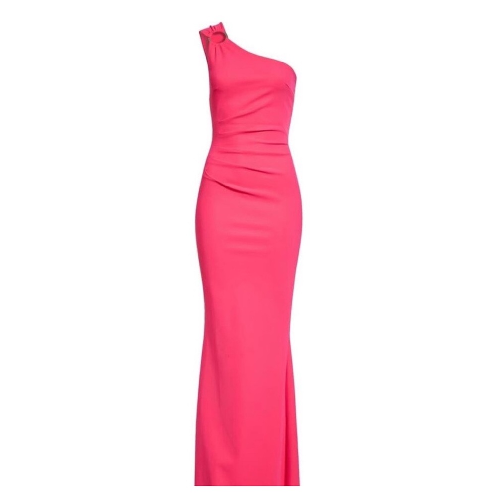 Chiara Boni Bright Pink one shoulder gown with gold ring accent